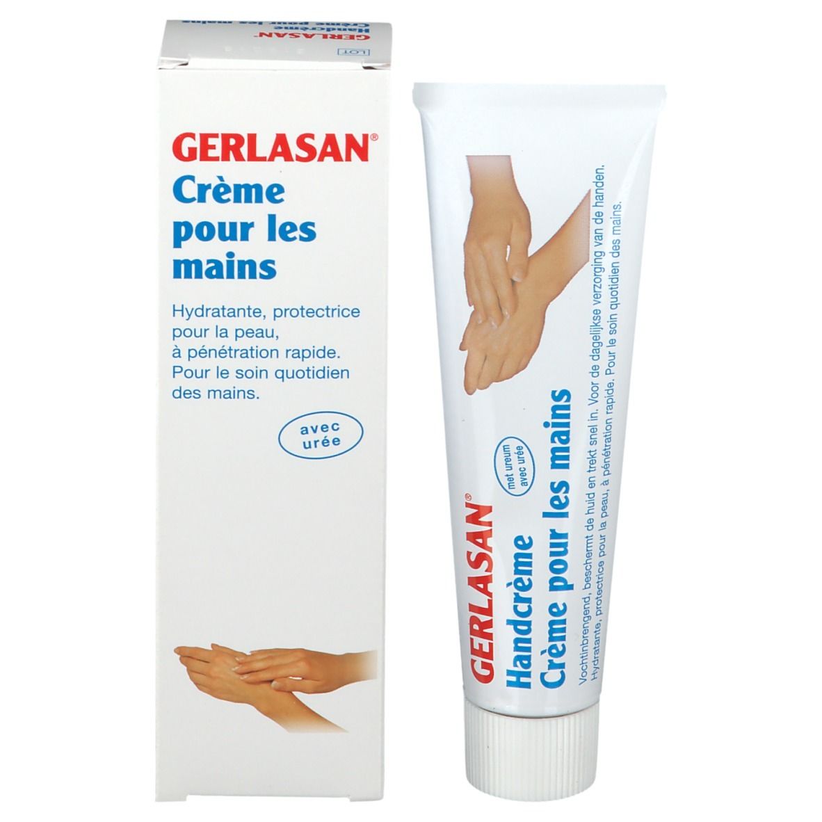 Handcrèmetube en verpakking. Productnaam en afbeelding van handen. Meertalige tekst.