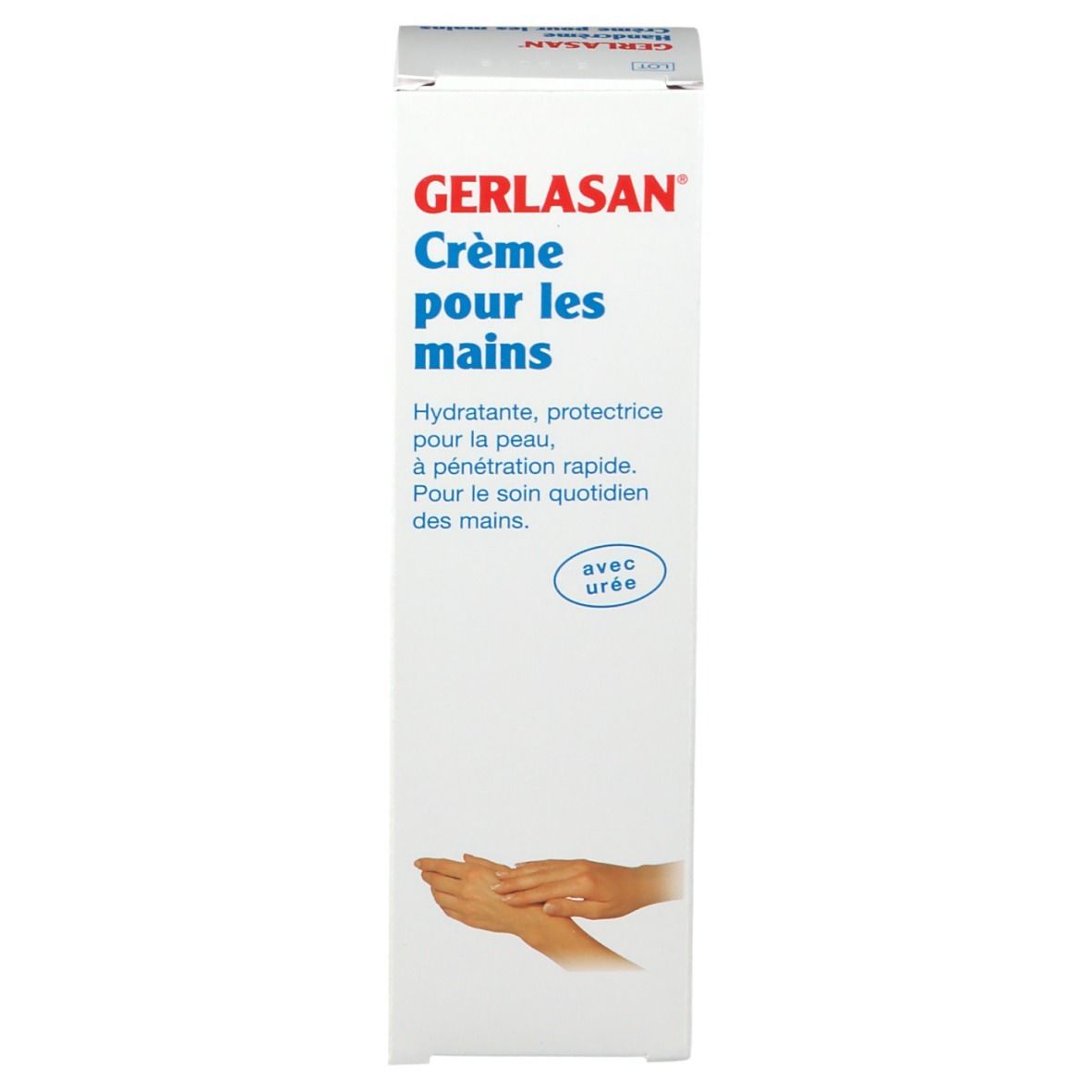 Verpakking van handcrème. Productnaam en meertalige tekst. Met ureum.