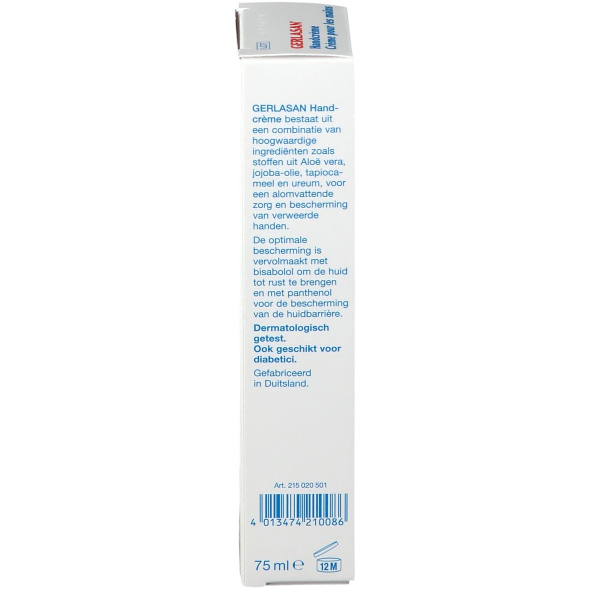 Zijkant van de handcrèmeverpakking. Tekst in het Nederlands. Ingrediënten en dermatologische test.