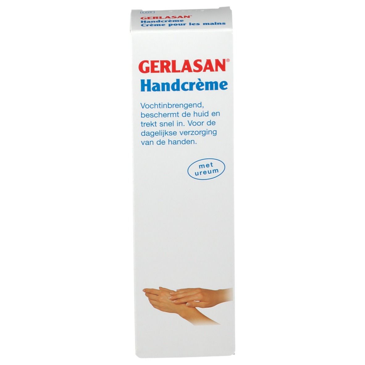 Voorkant van de handcrèmeverpakking. Productnaam en tekst in het Nederlands. Met ureum.