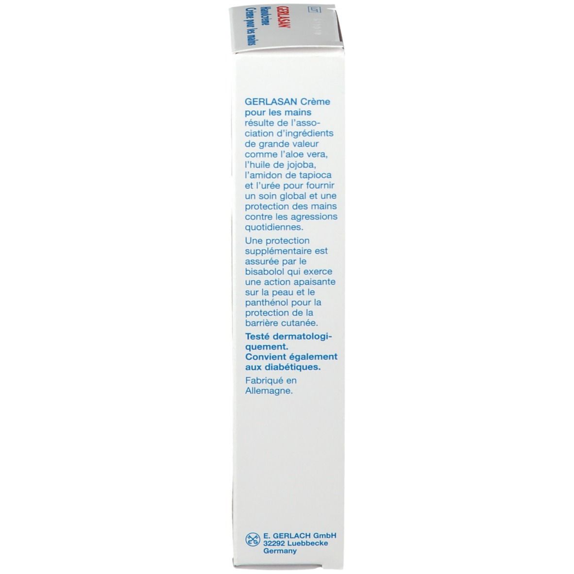 Zijkant van de handcrèmeverpakking. Tekst in het Frans. Ingrediënten en dermatologische test.