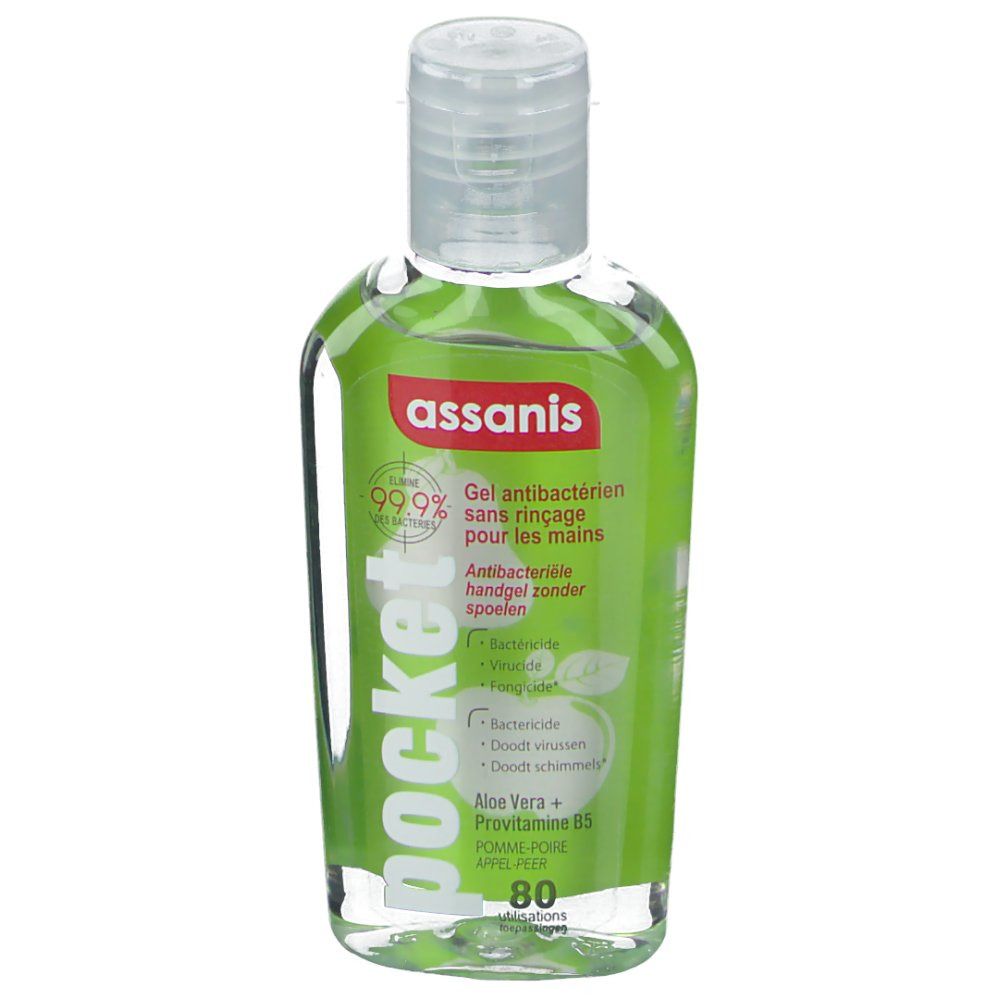 Flacon transparent avec étiquette verte. Inscription: assanis, pocket, Gel antibactérien. 80 utilisations.