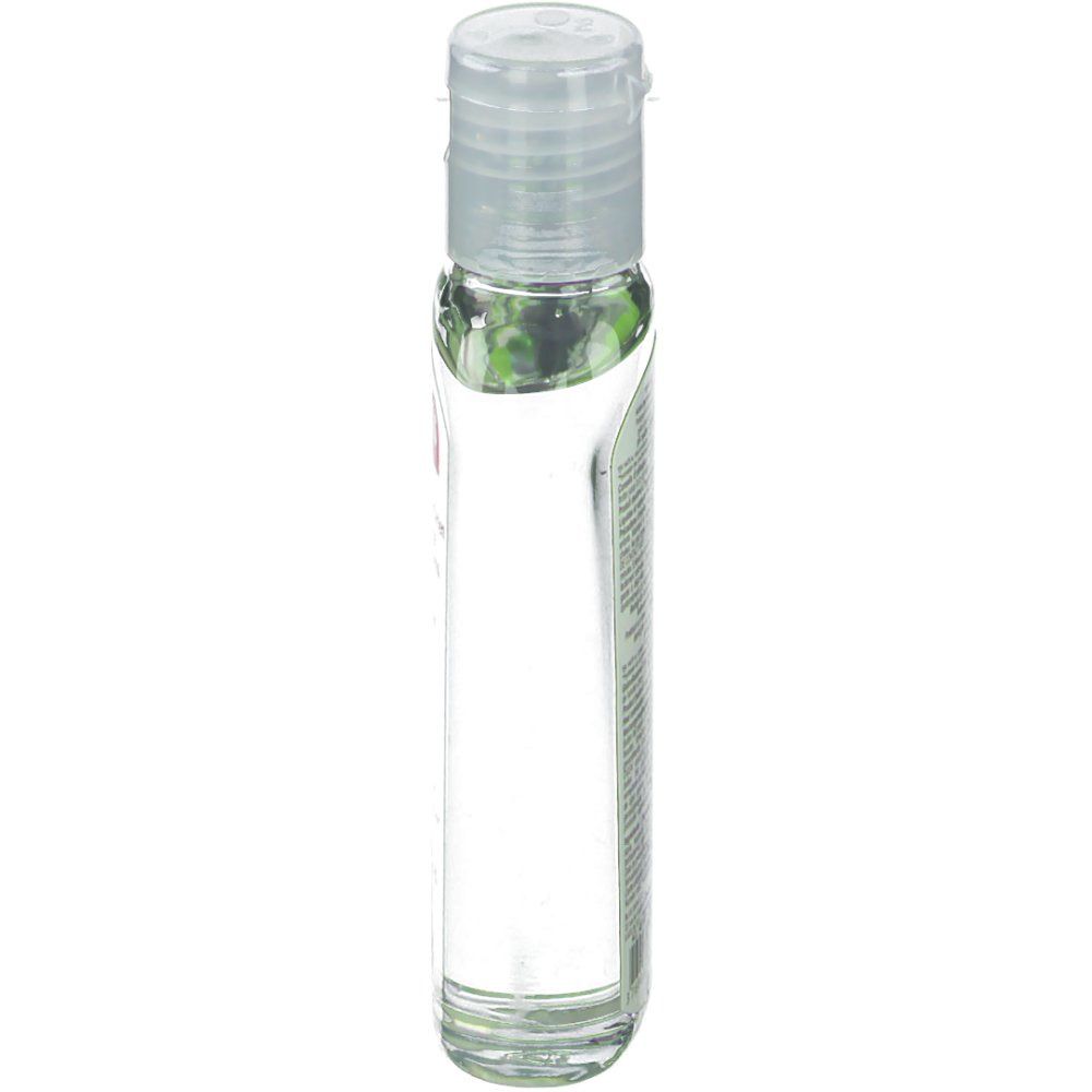 Flacon transparent avec bouchon rabattable. Vue latérale. Étiquette avec texte.