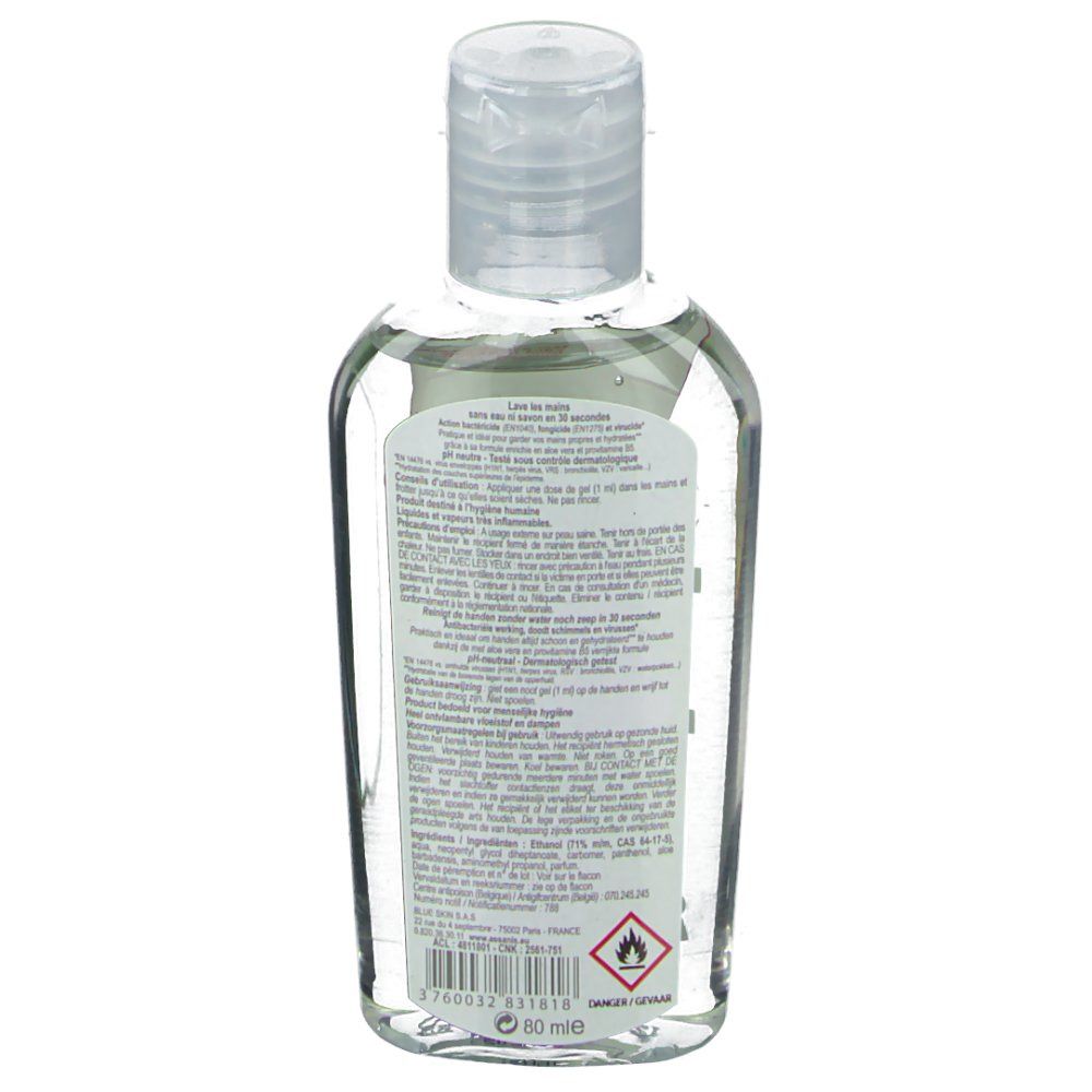 Dos d'un flacon transparent avec texte. Bouchon rabattable. Avertissement et code-barres.