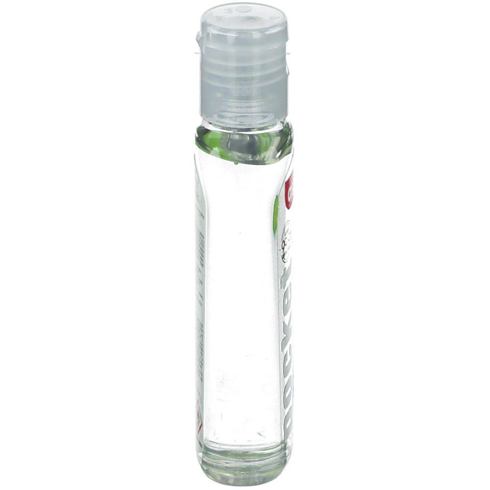 Flacon transparent avec bouchon rabattable. Vue latérale. Étiquette avec texte.