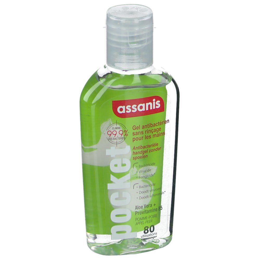 Flacon transparent avec étiquette verte. Inscription: assanis, pocket, Gel antibactérien. 80 utilisations.