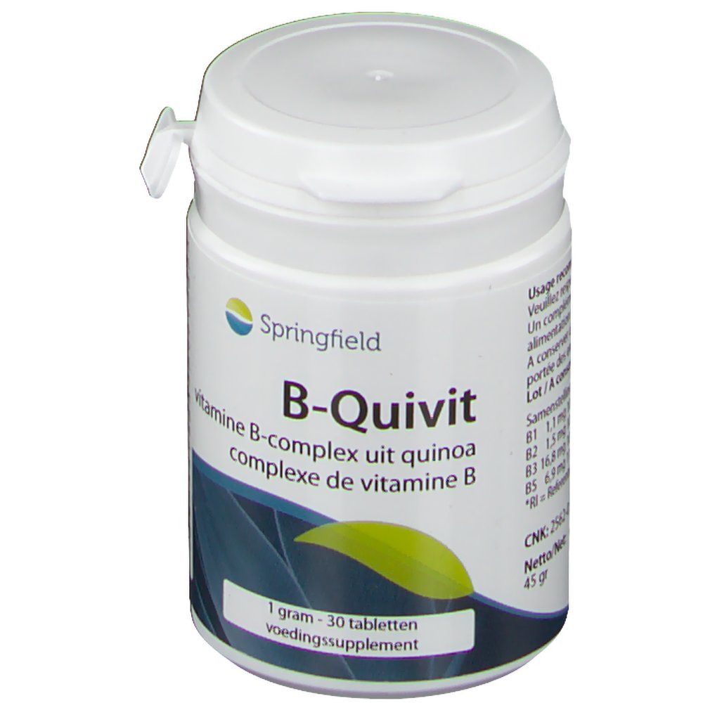 Confezione bianca di compresse B-Quivit. Contiene 30 compresse. Marchio Springfield.