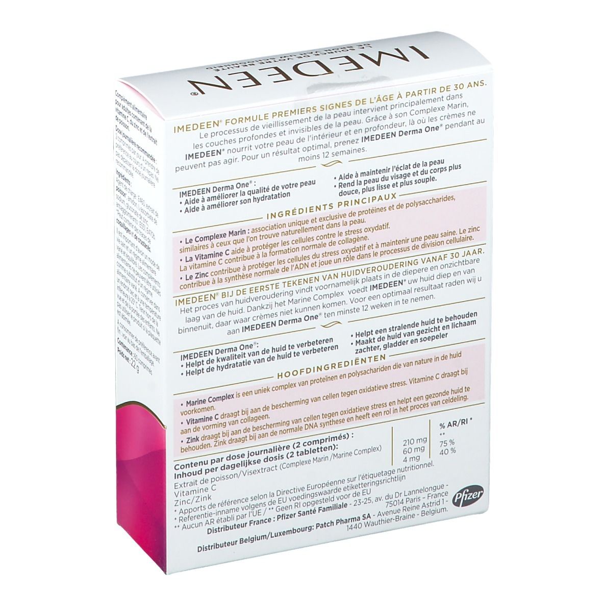 Rückseite der IMEDEEN® Derma One®-Verpackung. Text in mehreren Sprachen. Enthält Informationen zu Inhaltsstoffen, Anwendung und Hersteller.