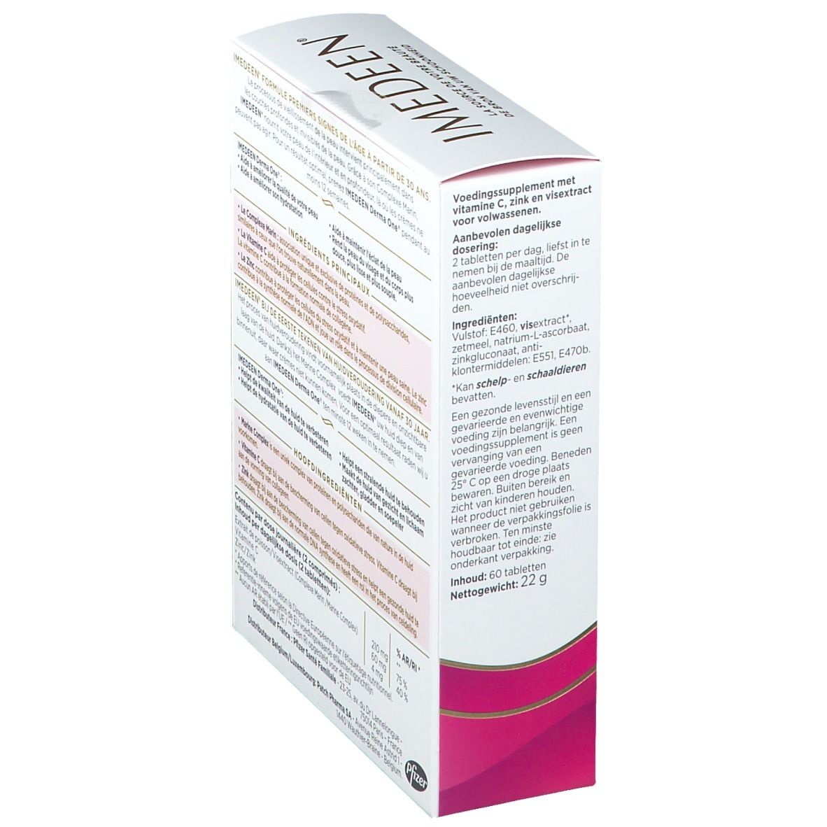 Seite der IMEDEEN® Derma One®-Verpackung. Text in mehreren Sprachen. Enthält Informationen zu Inhaltsstoffen und Dosierung.