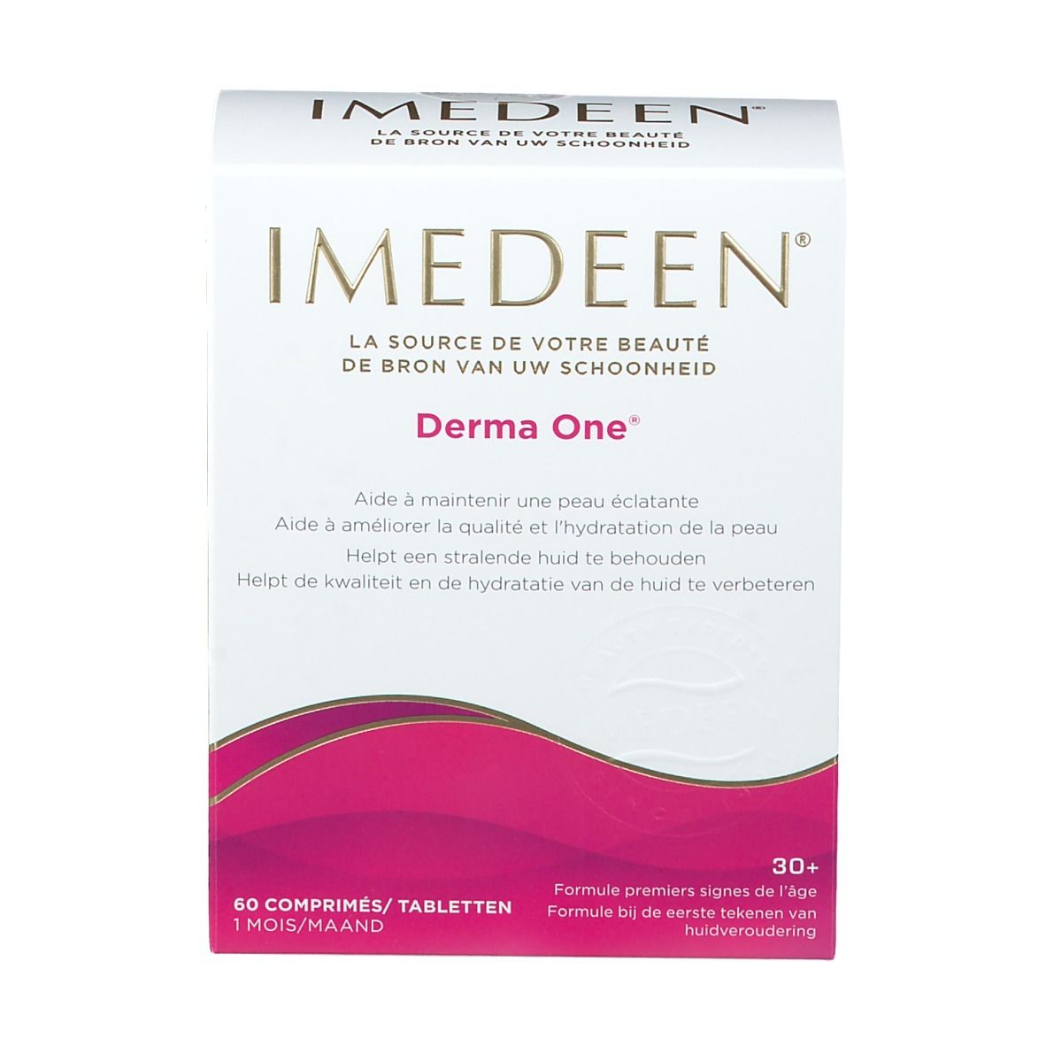 Vorderseite der IMEDEEN® Derma One®-Verpackung. Weißer Karton mit rosa Akzenten. Text: Derma One, 60 Tabletten, 30+.