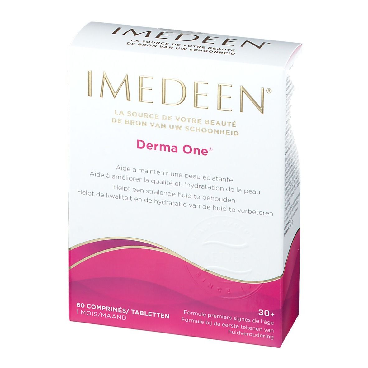 Vorderseite der IMEDEEN® Derma One®-Verpackung. Weißer Karton mit rosa Akzenten. Text: Derma One, 60 Tabletten, 30+.