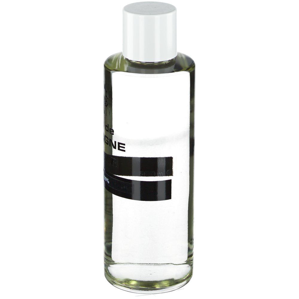 Flacon en verre transparent avec bouchon blanc. Inscription: Eau de Cologne, Fraver, Codex 90%. Bande noire avec texte.
