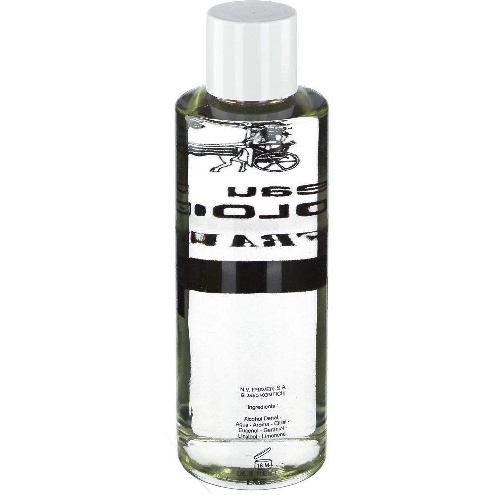Flacon en verre transparent avec bouchon blanc. Inscription: Eau de Cologne, Fraver, Codex 90%. Logo de charrette. Texte et ingrédients.