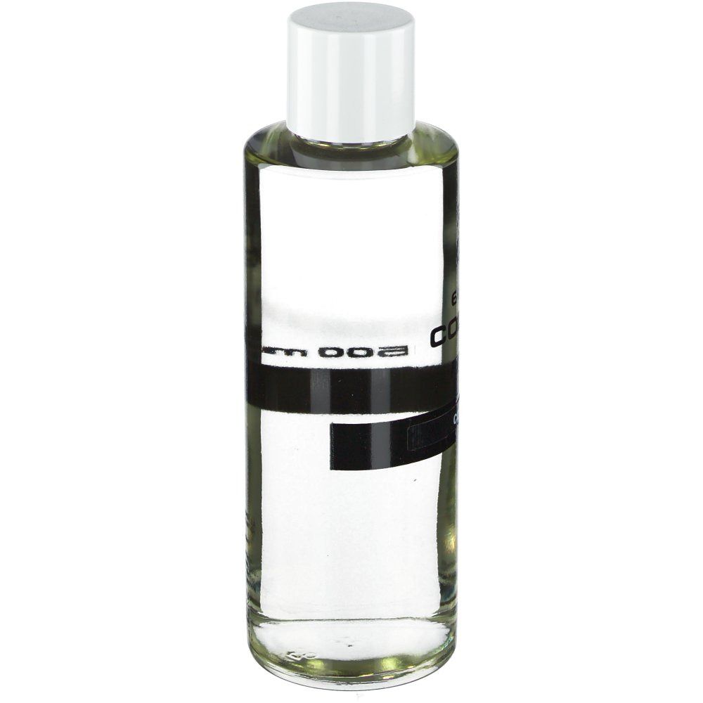 Flacon en verre transparent avec bouchon blanc. Inscription: Eau de Cologne, Fraver, Codex 90%. Bande noire avec texte.