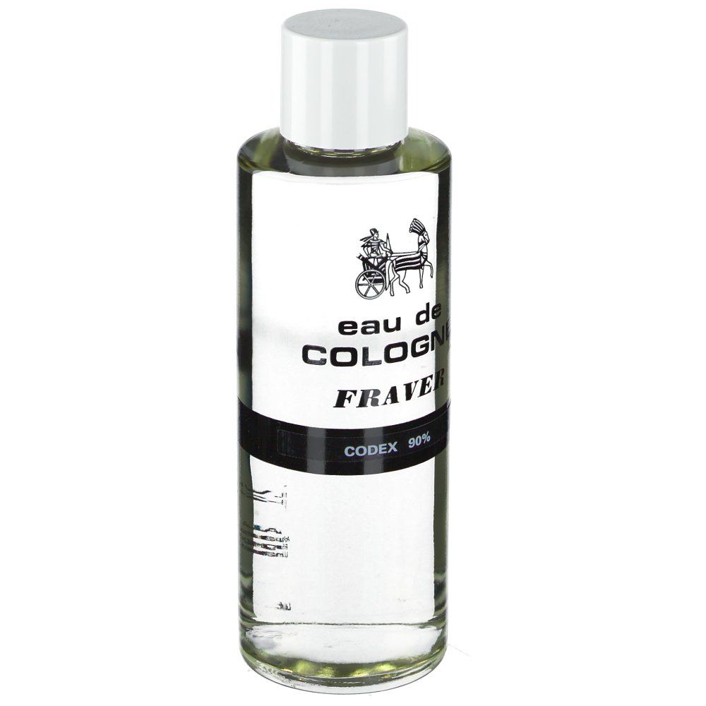 Flacon en verre transparent avec bouchon blanc. Inscription: Eau de Cologne, Fraver, Codex 90%. Logo de charrette.