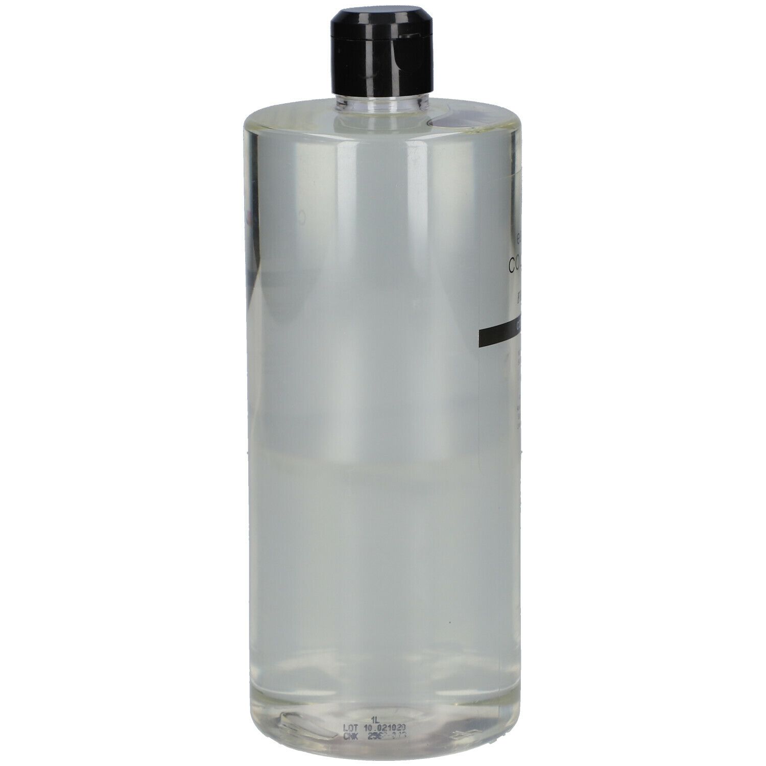 Fraver Eau de Cologne Codex 90% Flasche. Transparent, zylindrisch, schwarzer Deckel. Teilweise gefüllt.