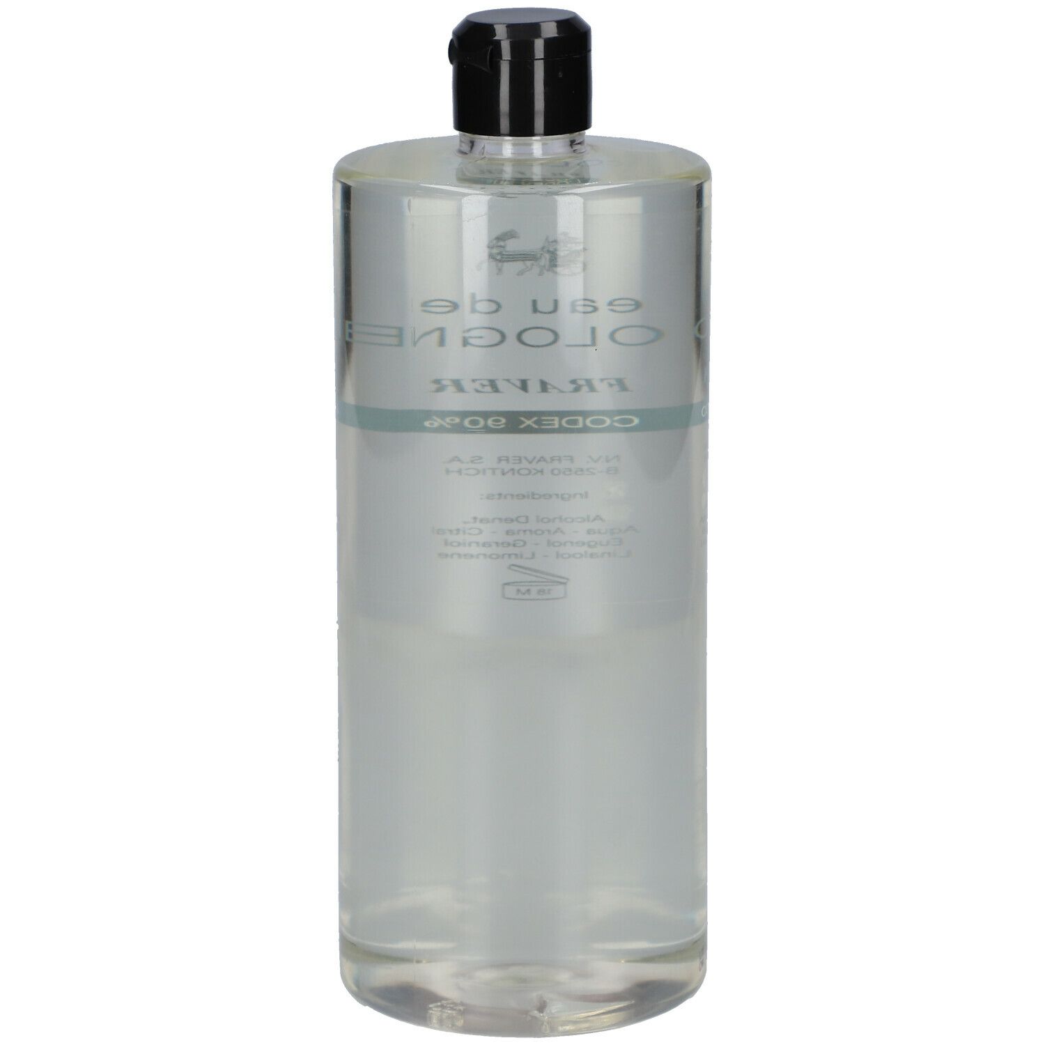 Fraver Eau de Cologne Codex 90% Flasche. Transparent, zylindrisch, schwarzer Deckel. Etikett mit Produktinformationen.