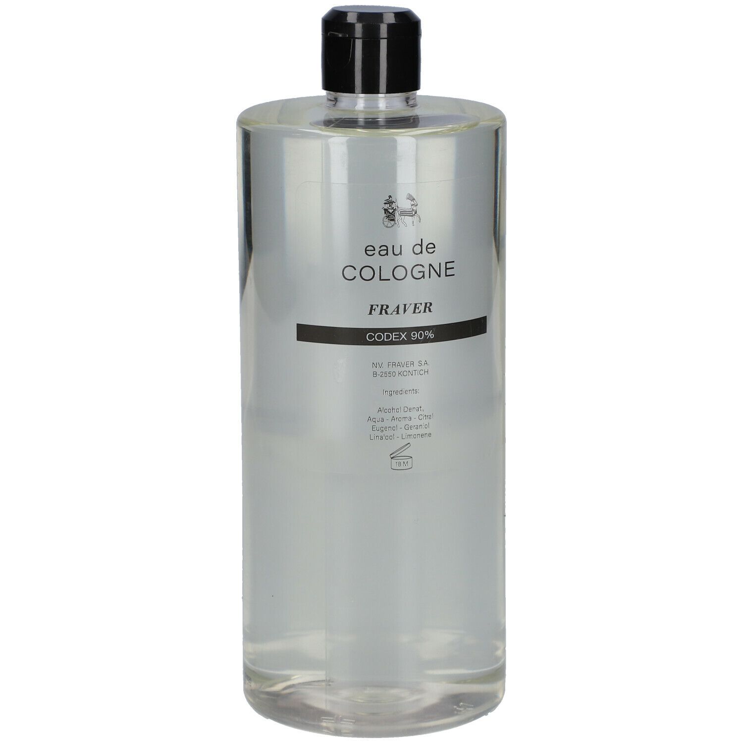 Fraver Eau de Cologne Codex 90% Flasche. Transparent, zylindrisch, schwarzer Deckel. Etikett mit Produktinformationen.
