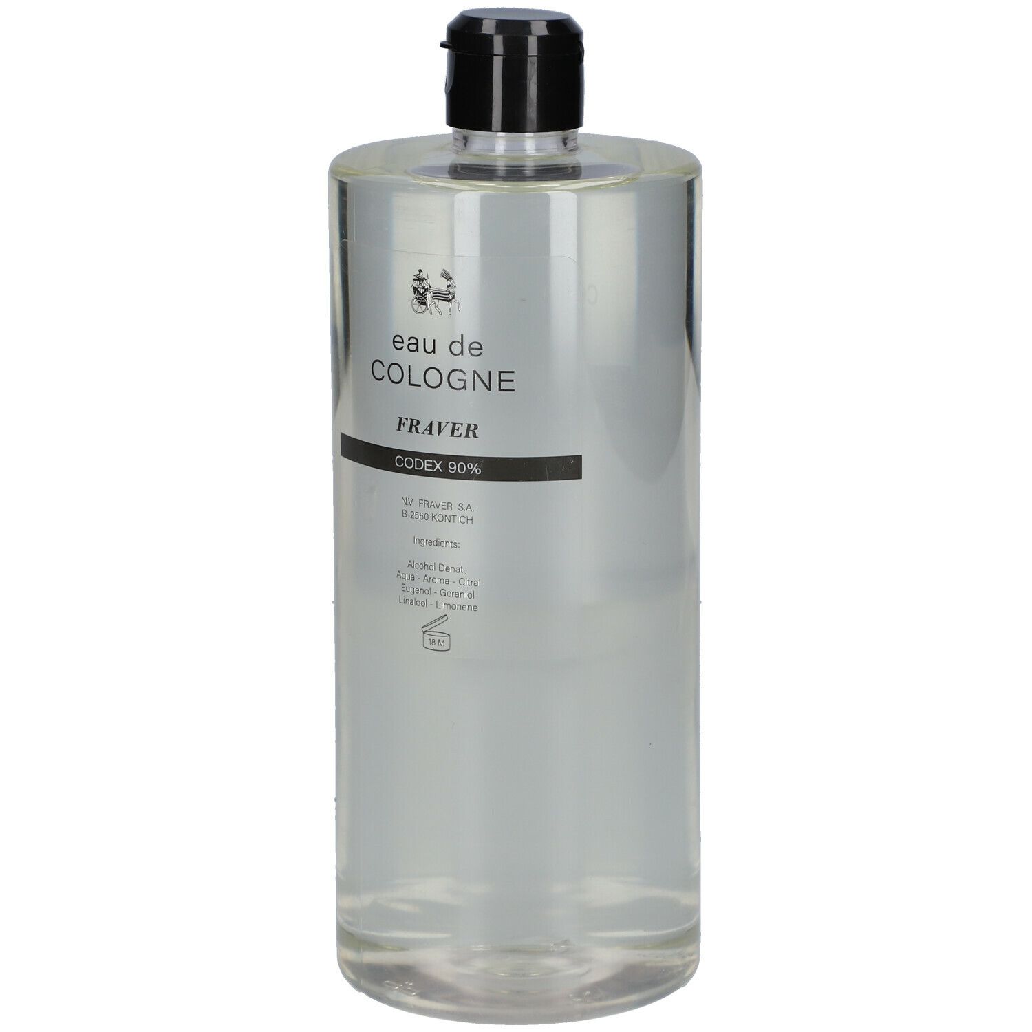 Fraver Eau de Cologne Codex 90% Flasche. Transparent, zylindrisch, schwarzer Deckel. Etikett mit Produktinformationen.