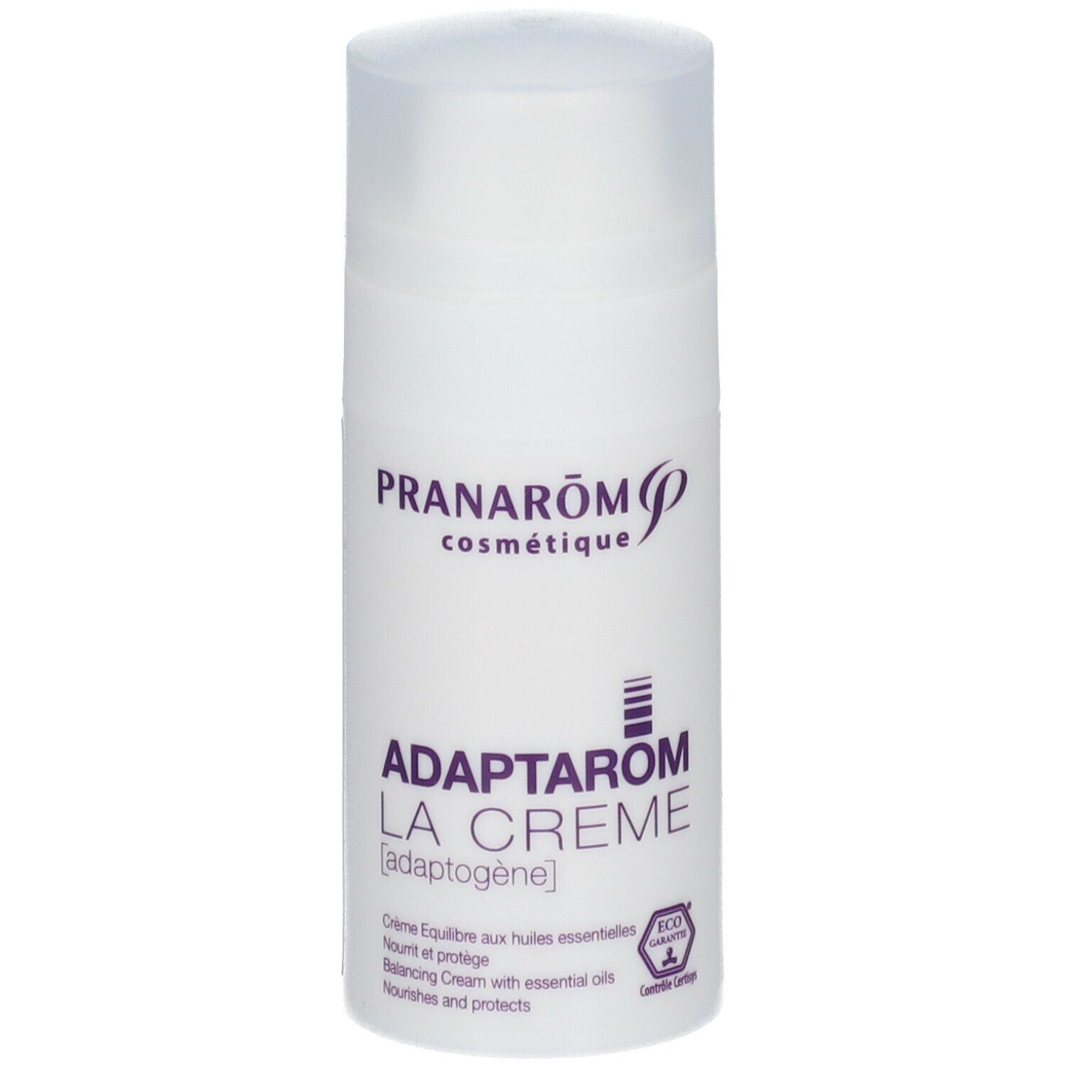 Flacon blanc avec bouchon. Inscription: Pranarôm, Adaptarom La Crème. Logo Eco Garantie.