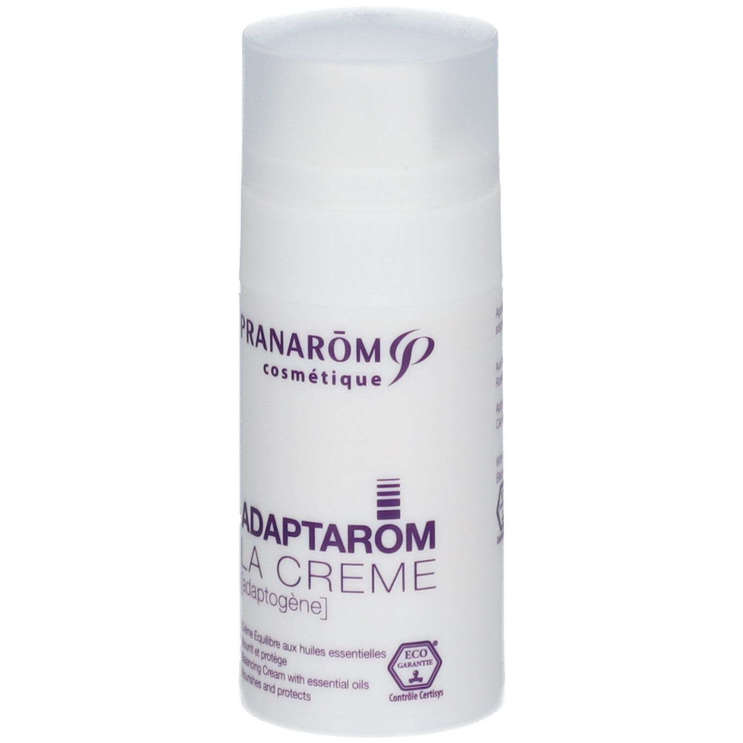 Flacon blanc avec bouchon. Inscription: Pranarôm, Adaptarom La Crème. Logo Eco Garantie.