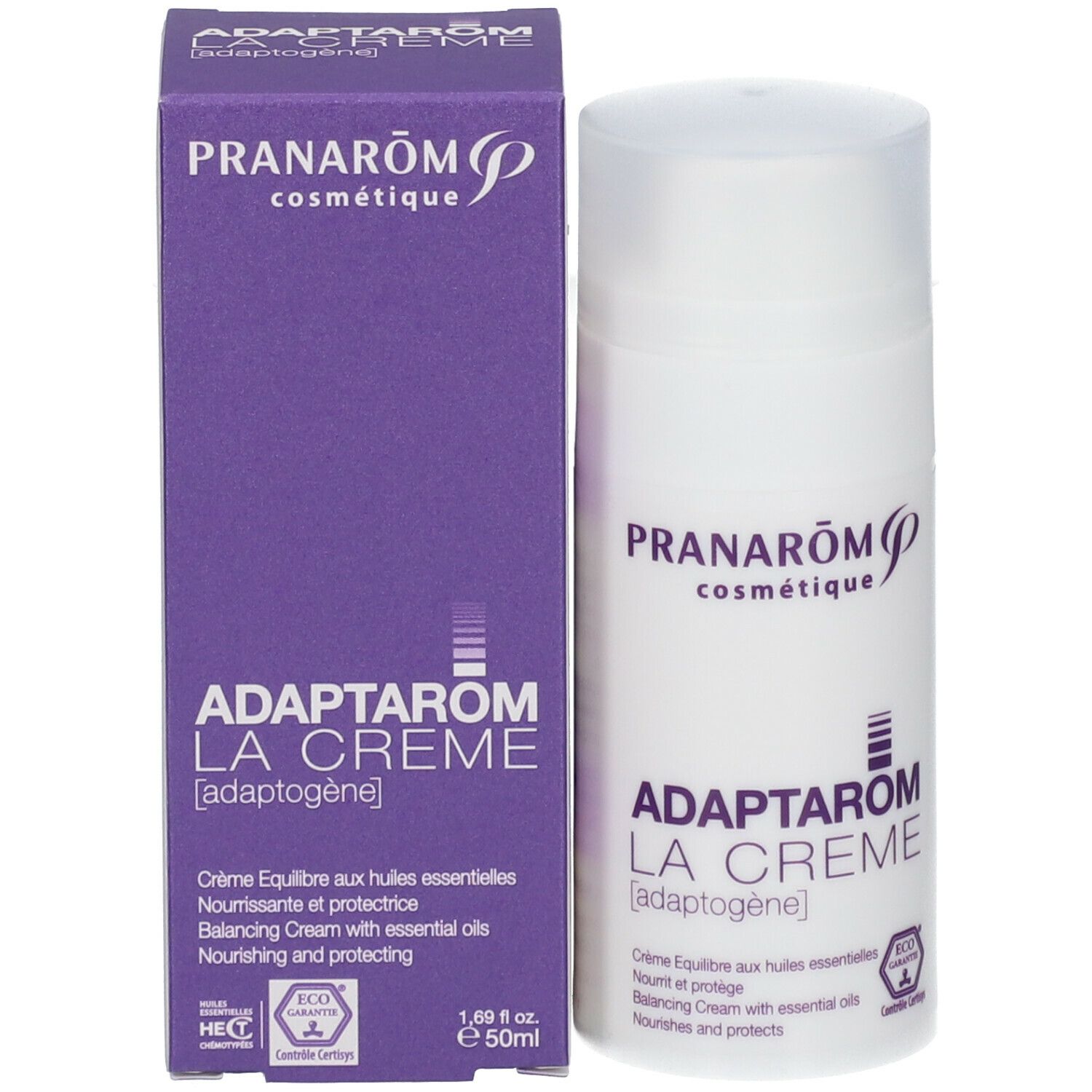 Emballage du produit: flacon blanc et boîte violette. Inscription: Pranarôm, Adaptarom La Crème. Logo Eco Garantie.
