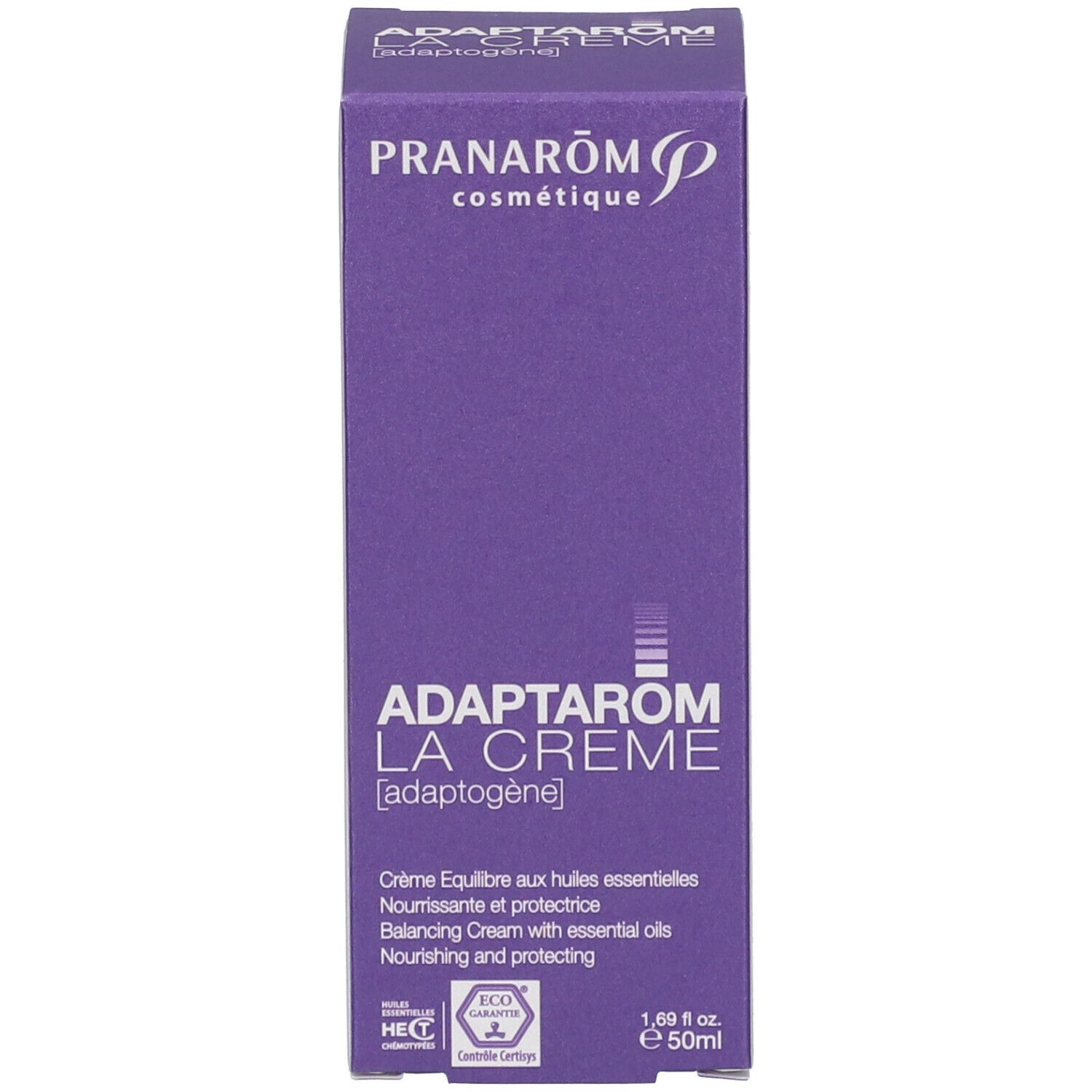 Boîte violette. Inscription: Pranarôm, Adaptarom La Crème. Logo Eco Garantie. Texte en français et anglais.