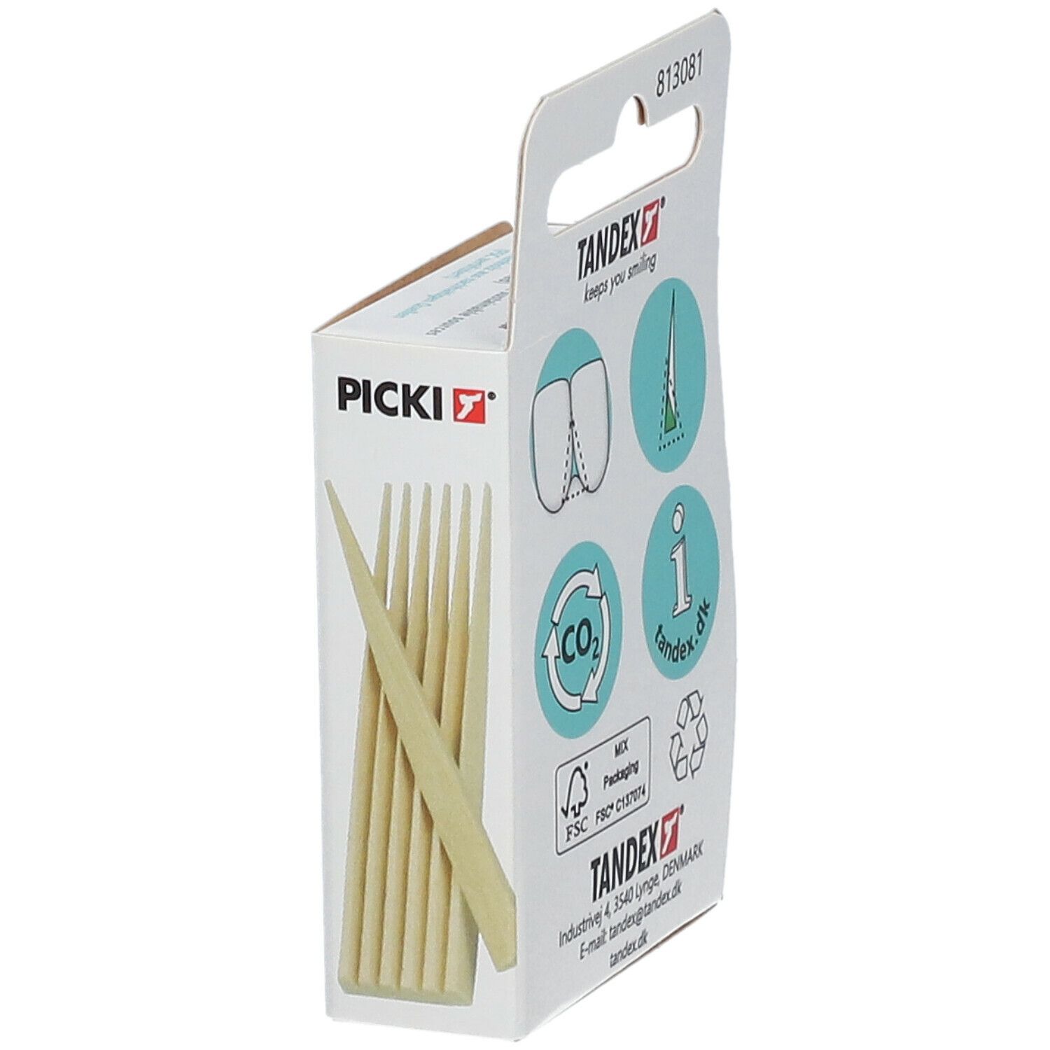 Vue latérale de la boîte de cure-dents Tandex Picki Wood. Informations FSC, neutre en CO2 et coordonnées.