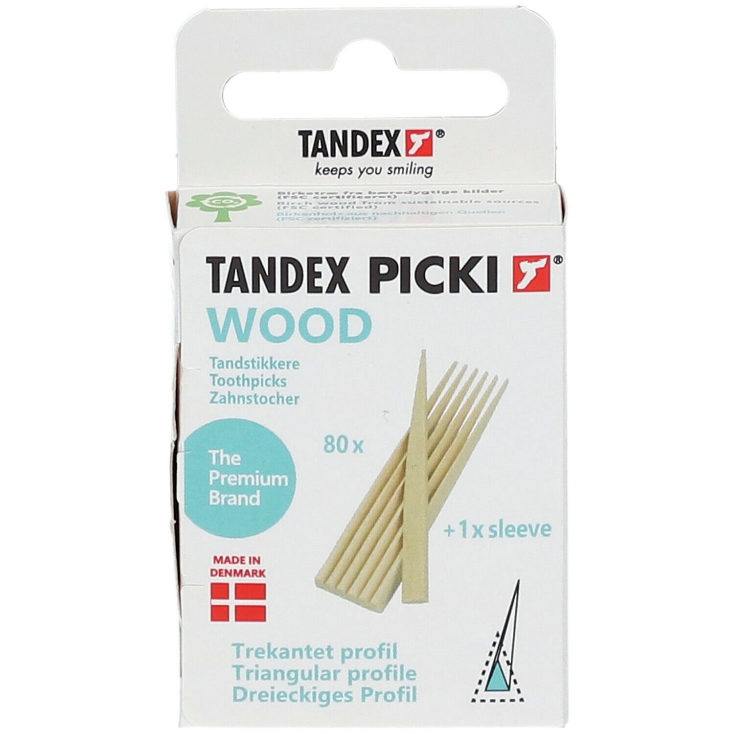 Boîte de cure-dents Tandex Picki Wood. 80 pièces + 1 étui. Profil triangulaire. Fabriqué au Danemark.