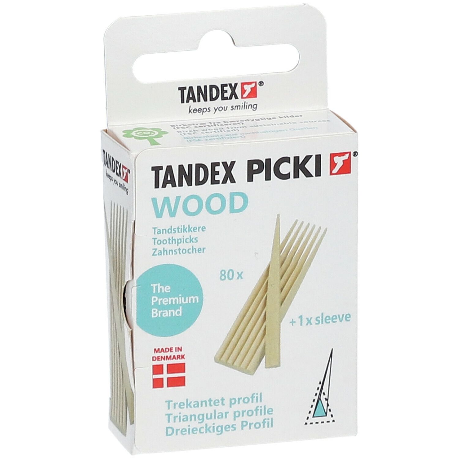 Boîte de cure-dents Tandex Picki Wood. 80 pièces + 1 étui. Profil triangulaire. Fabriqué au Danemark.
