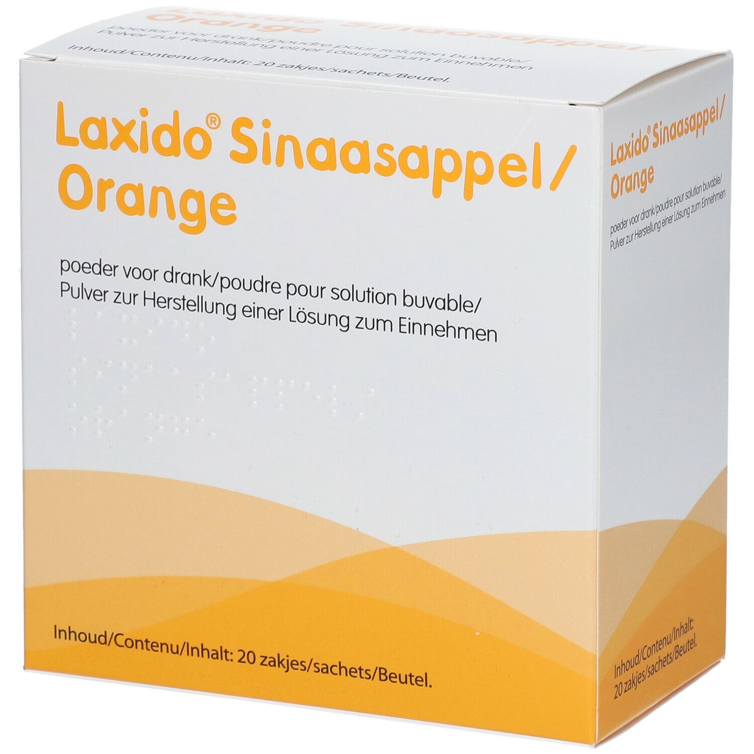 Verpakking van Laxido Orange. Witte doos met oranje accenten. Productnaam en tekst in meerdere talen.