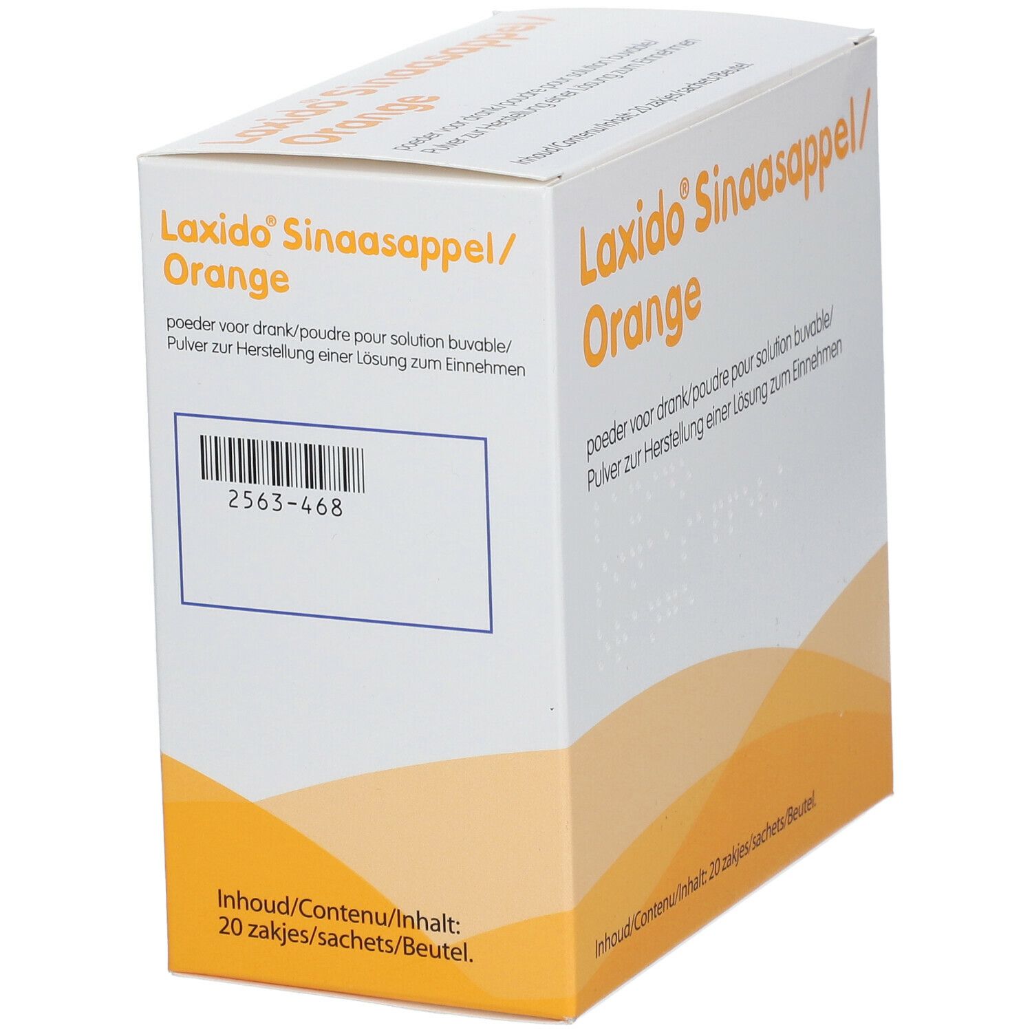 Verpakking van Laxido Orange. Witte doos met barcode en oranje accenten. Productnaam en tekst.