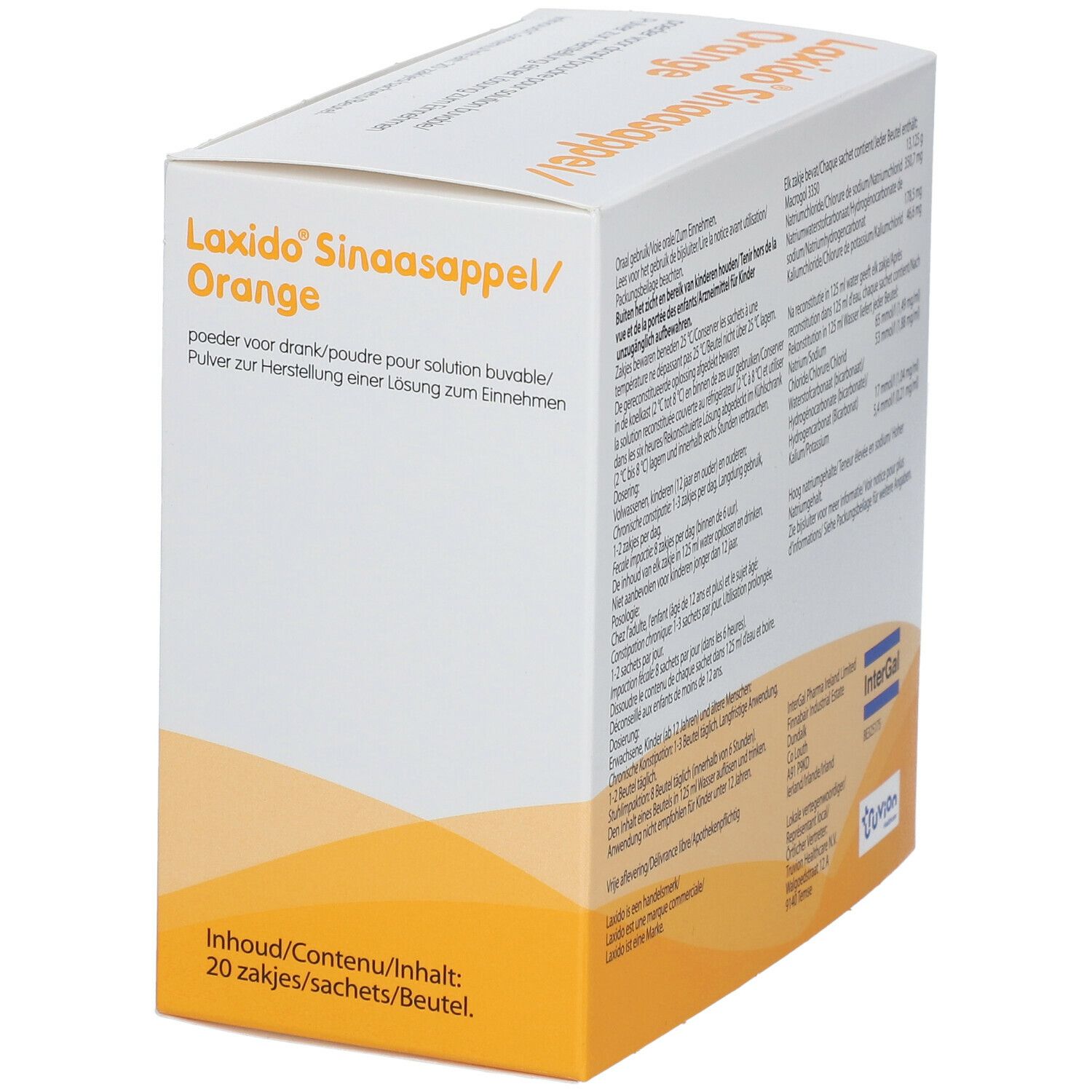 Verpakking van Laxido Orange. Witte doos met tekst en oranje accenten. Bevat informatie in meerdere talen.