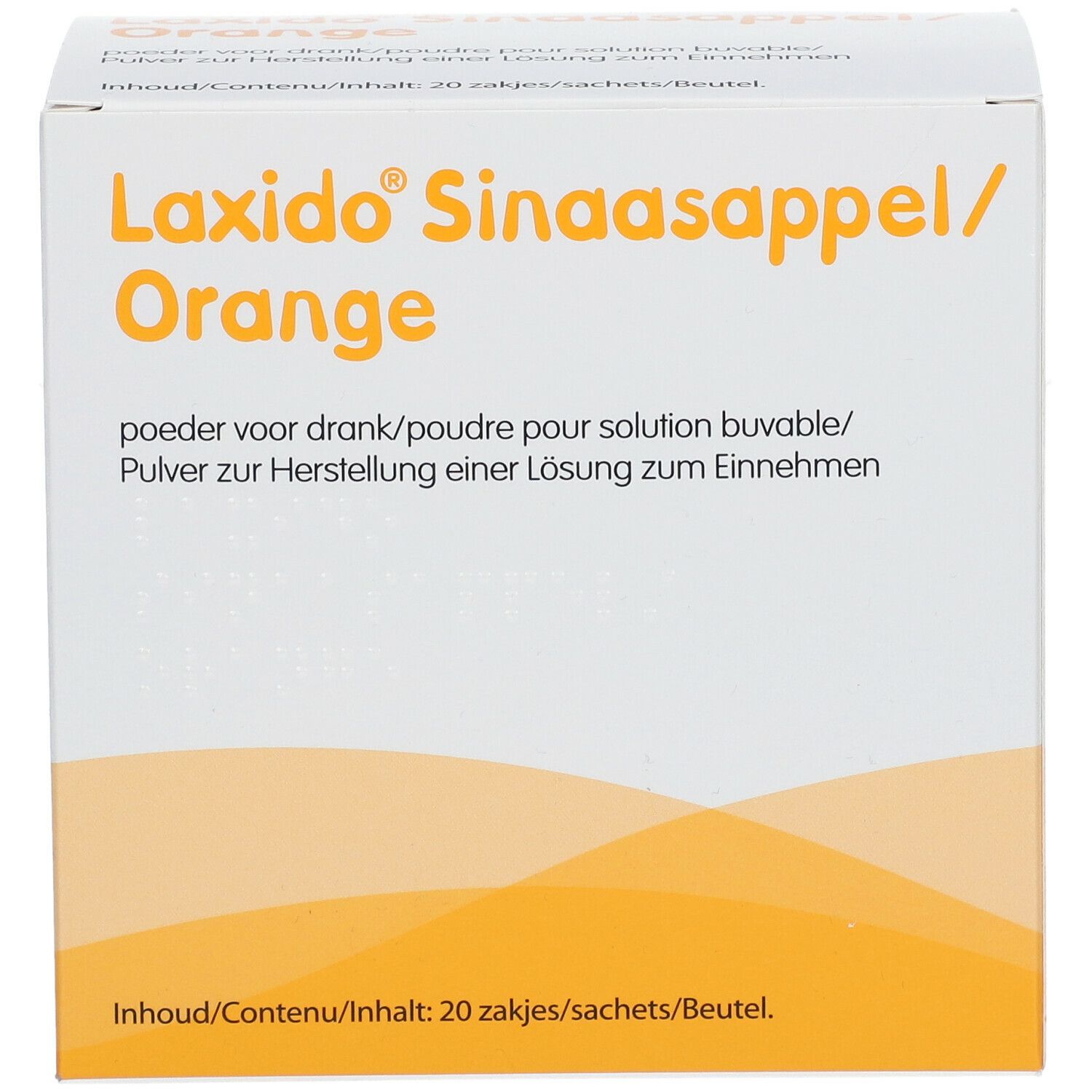 Verpakking van Laxido Orange. Witte doos met oranje accenten. Productnaam en tekst in meerdere talen.