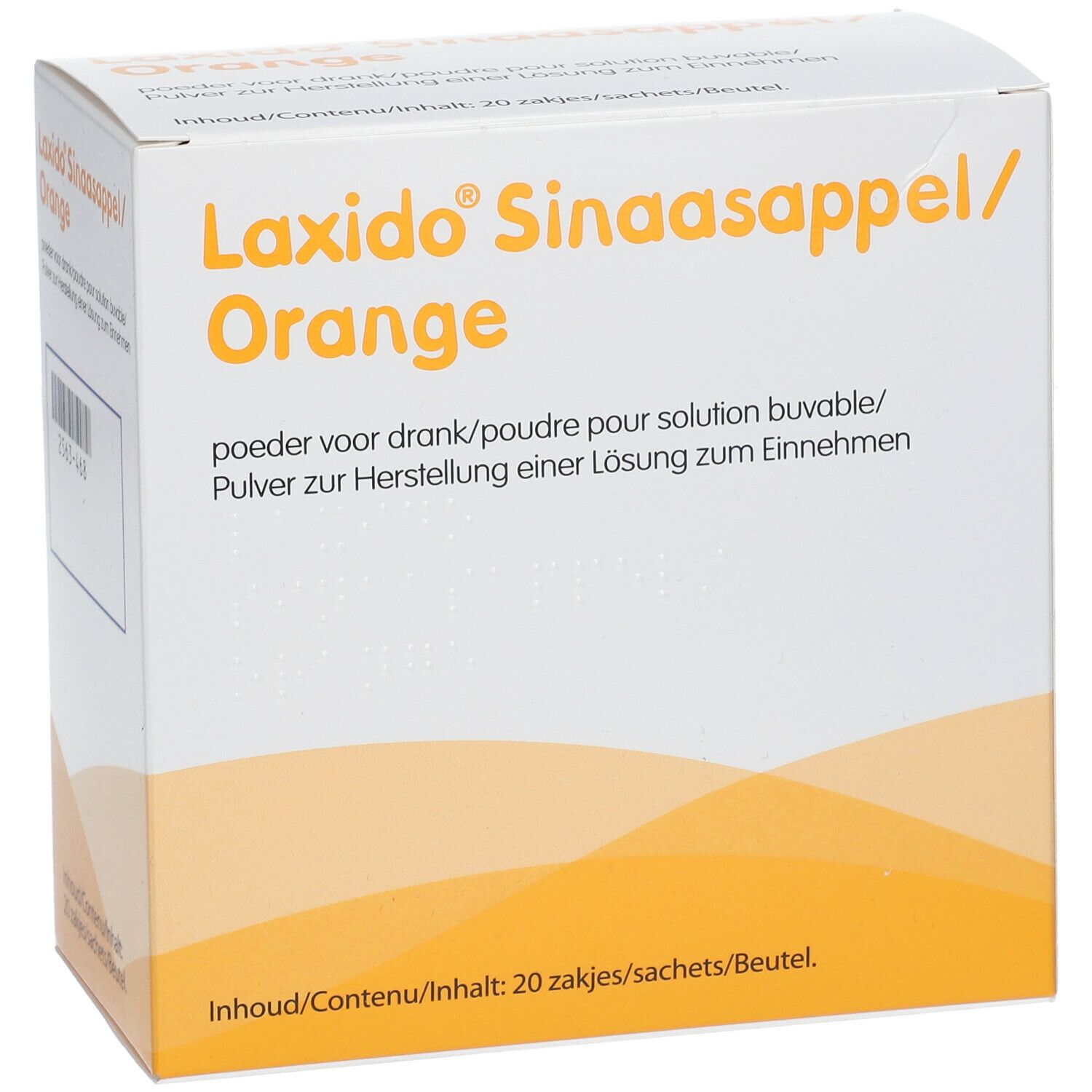 Verpakking van Laxido Orange. Witte doos met oranje accenten. Productnaam en tekst in meerdere talen.