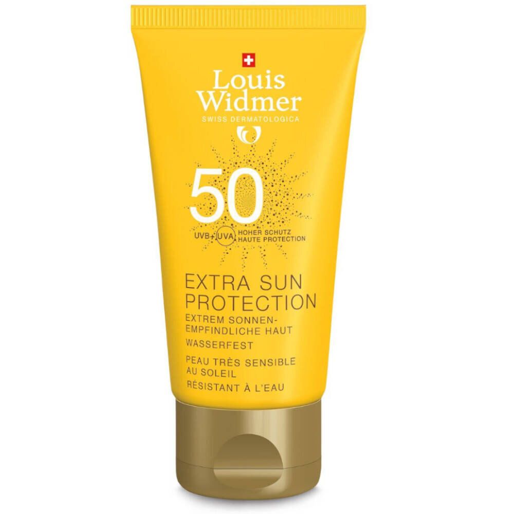 Tube jaune de crème solaire. Inscription: Louis Widmer, 50, Extra Sun Protection. Résistant à l'eau.