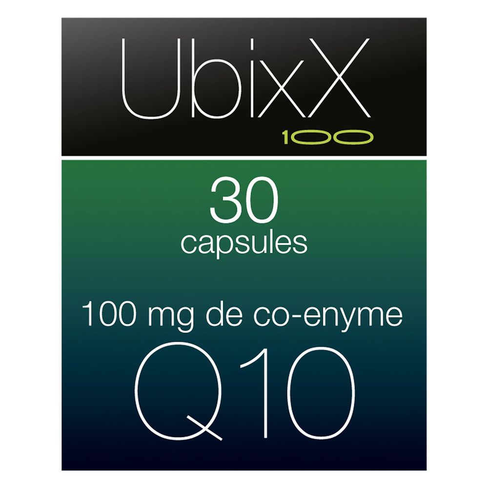 Boîte Ubixx 100. 30 capsules, 100 mg co-enzyme Q10. Impression verte et blanche.