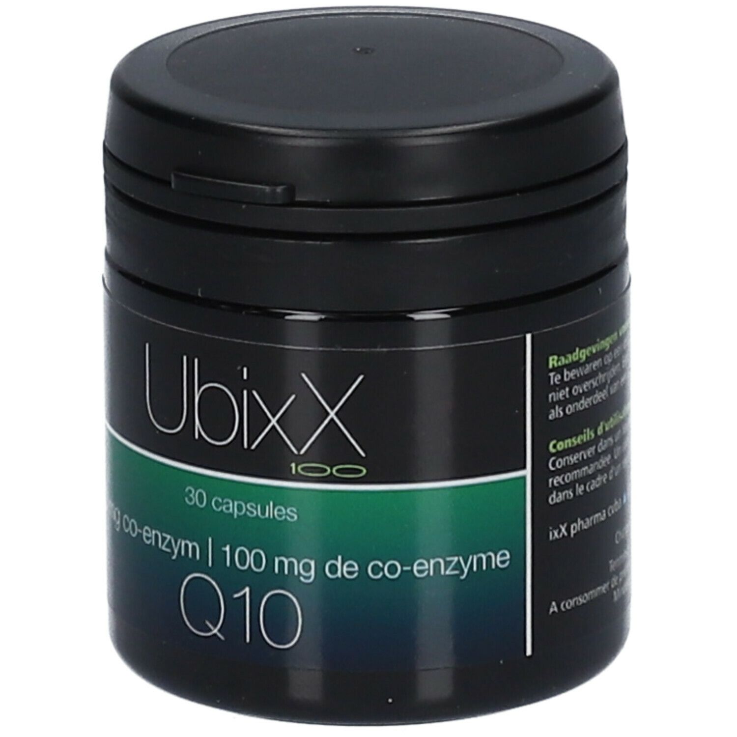 Boîte noire Ubixx 100, 30 capsules, 100 mg co-enzyme Q10. Impression verte et blanche.