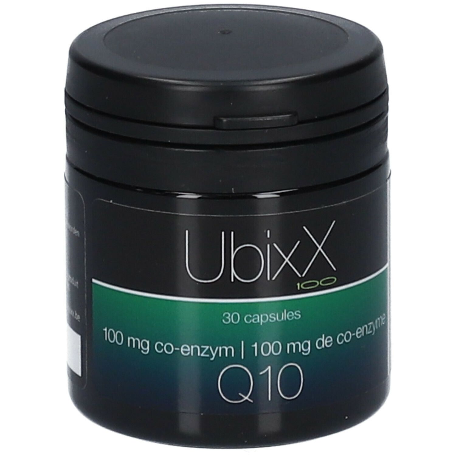 Boîte noire Ubixx 100, 30 capsules, 100 mg co-enzyme Q10. Impression verte et blanche.