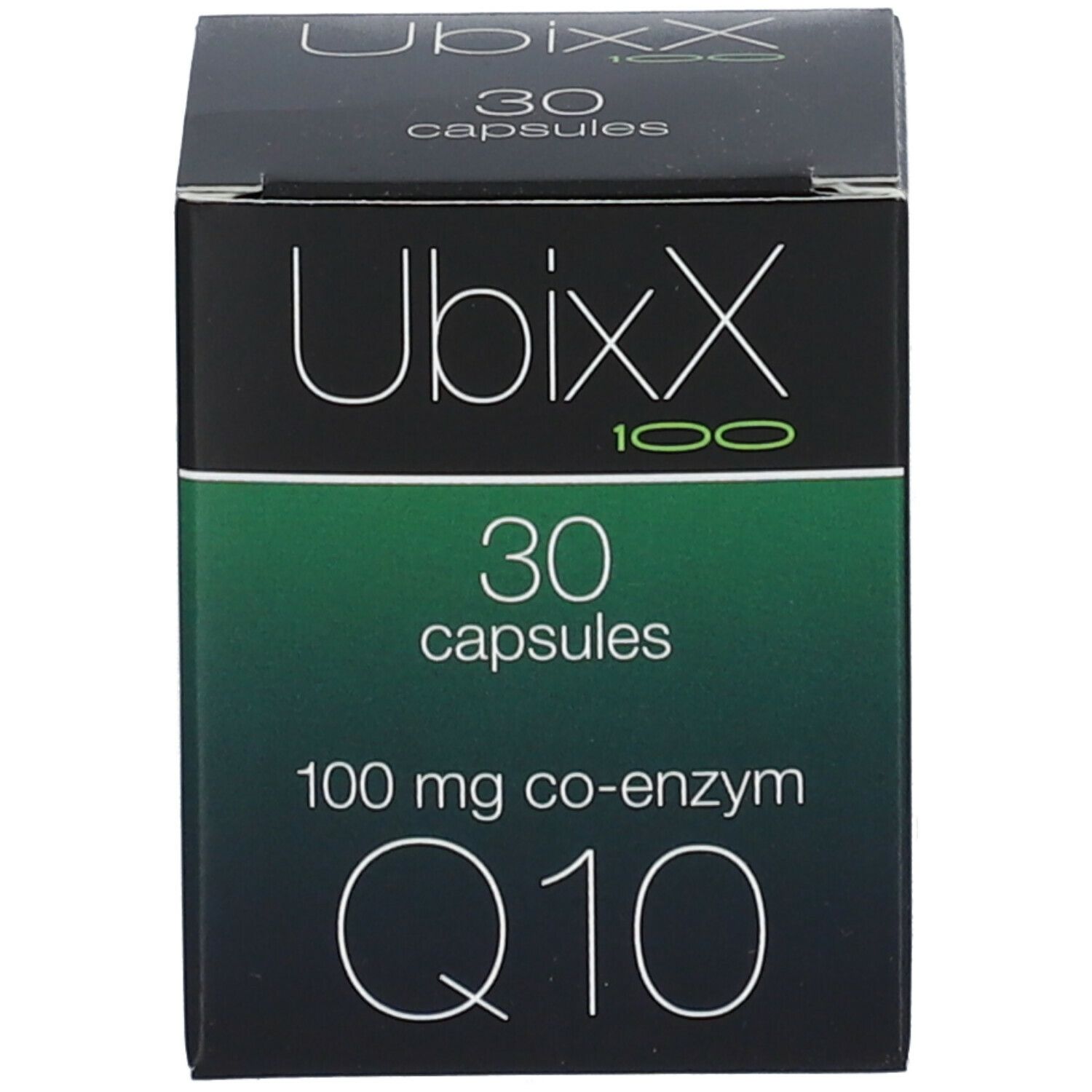 Boîte Ubixx 100. 30 capsules, 100 mg co-enzyme Q10. Impression verte et blanche.