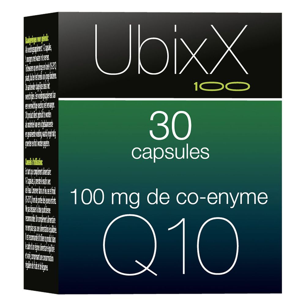 Boîte Ubixx 100. 30 capsules, 100 mg co-enzyme Q10. Impression verte et blanche.