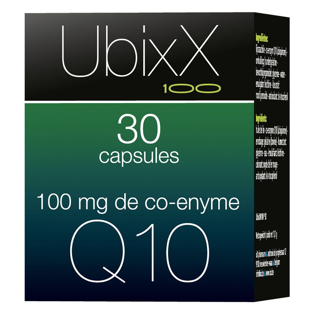 Boîte Ubixx 100. 30 capsules, 100 mg co-enzyme Q10. Impression verte et blanche.