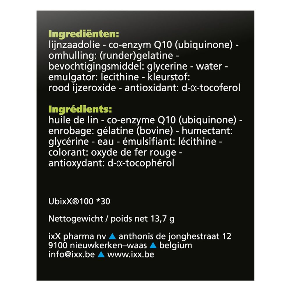 Dos de la boîte Ubixx 100. Texte en néerlandais.