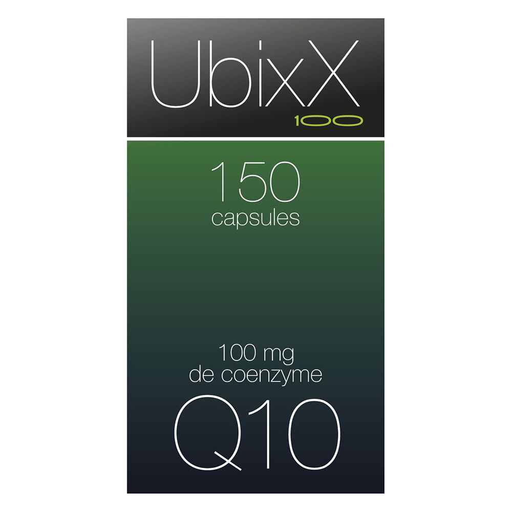 Boîte avec Ubixx 100, 150 capsules, Q10. Fond vert et blanc.