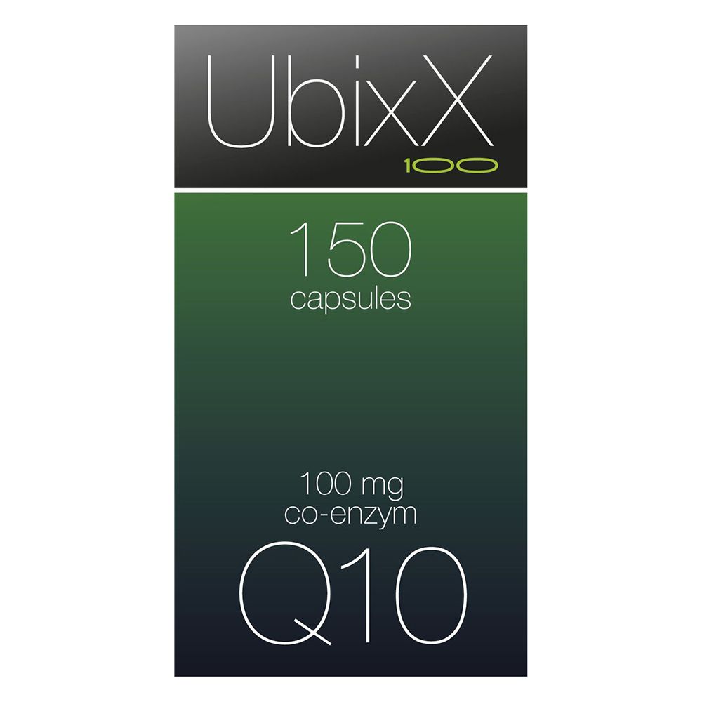 Doos met Ubixx 100, 150 capsules, Q10. Groen-witte achtergrond.