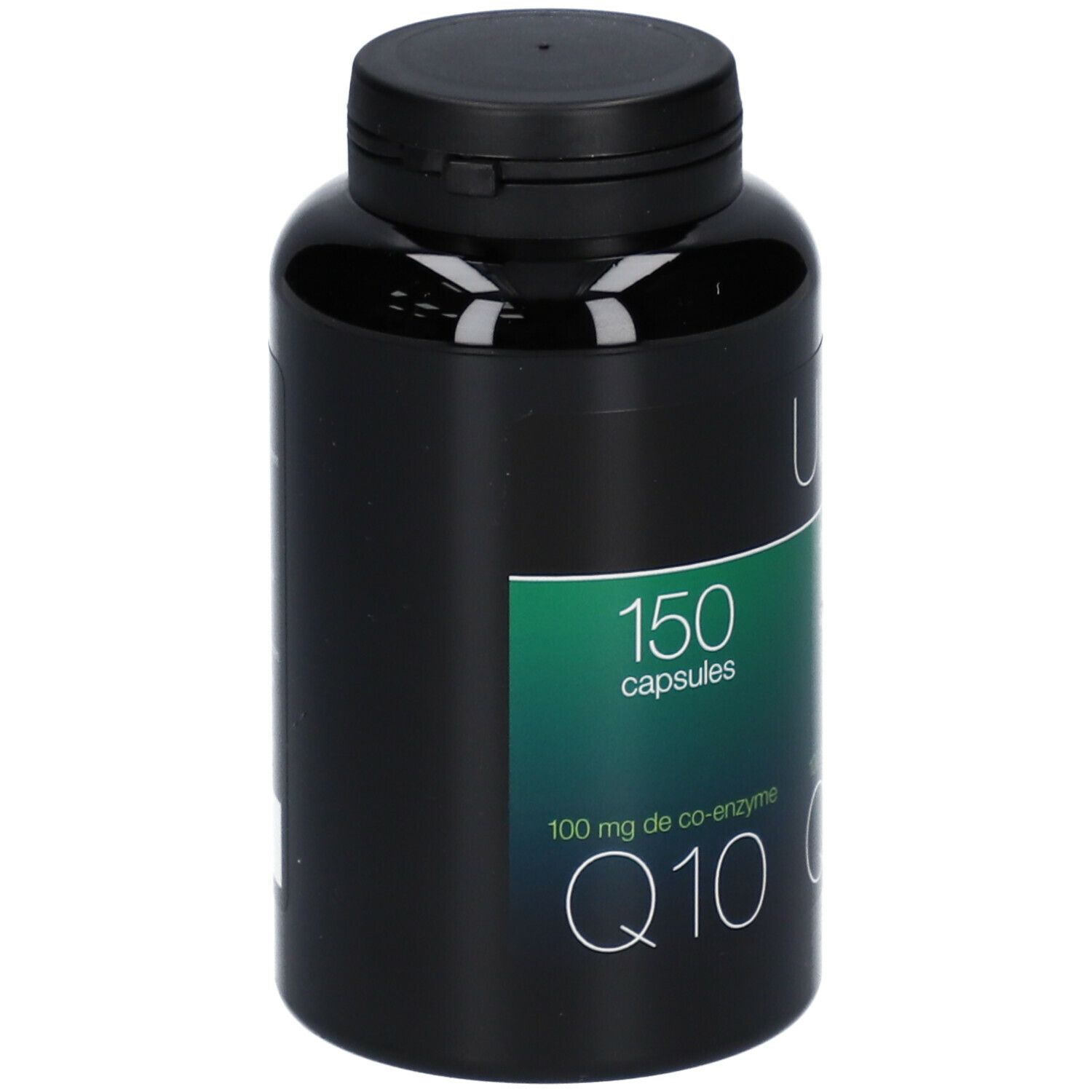 Flacon noir avec bouchon noir. Étiquette avec Ubixx 100, 150 capsules, Q10. Fond vert et blanc.