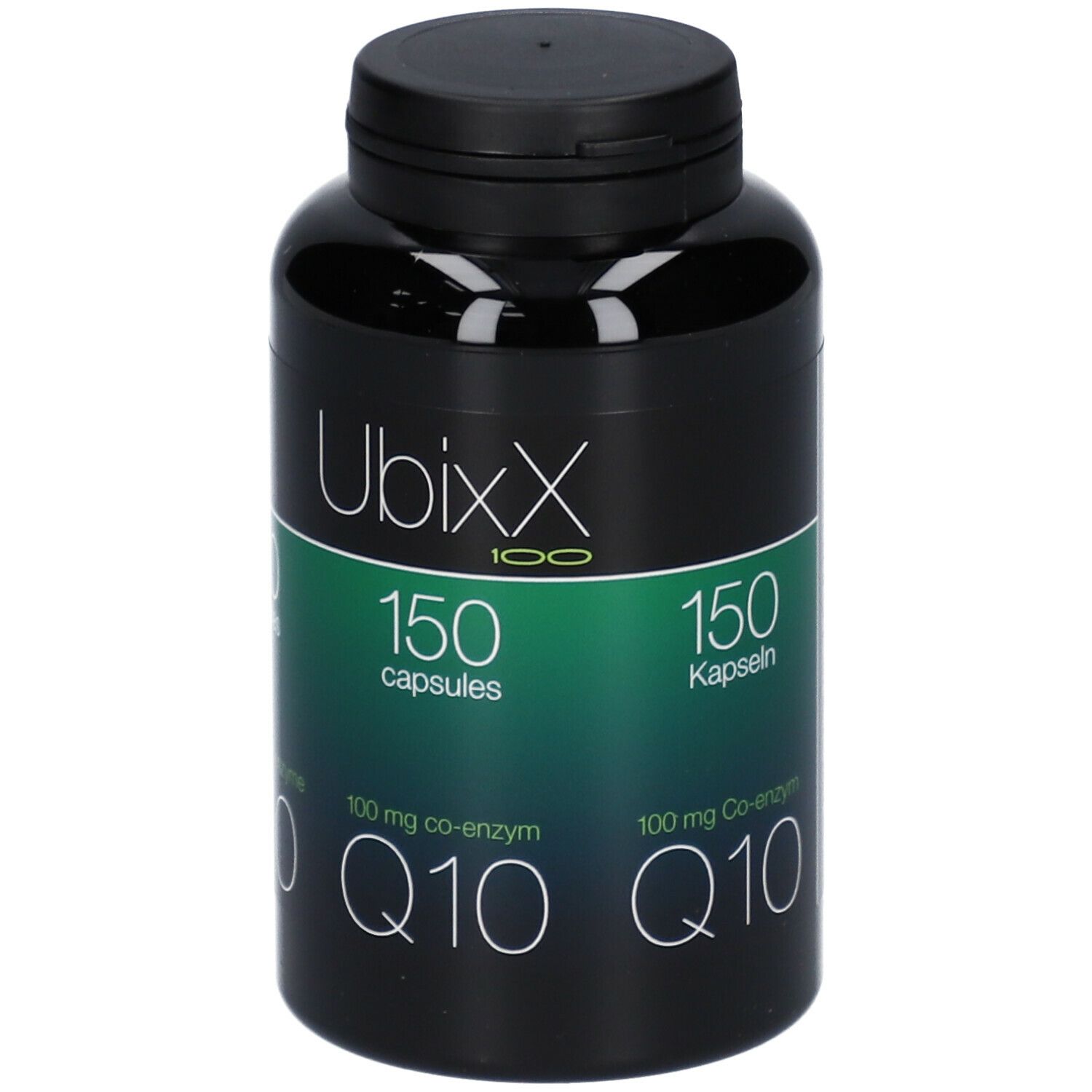 Flacon noir avec bouchon noir. Étiquette avec Ubixx 100, 150 capsules, Q10. Fond vert et blanc.