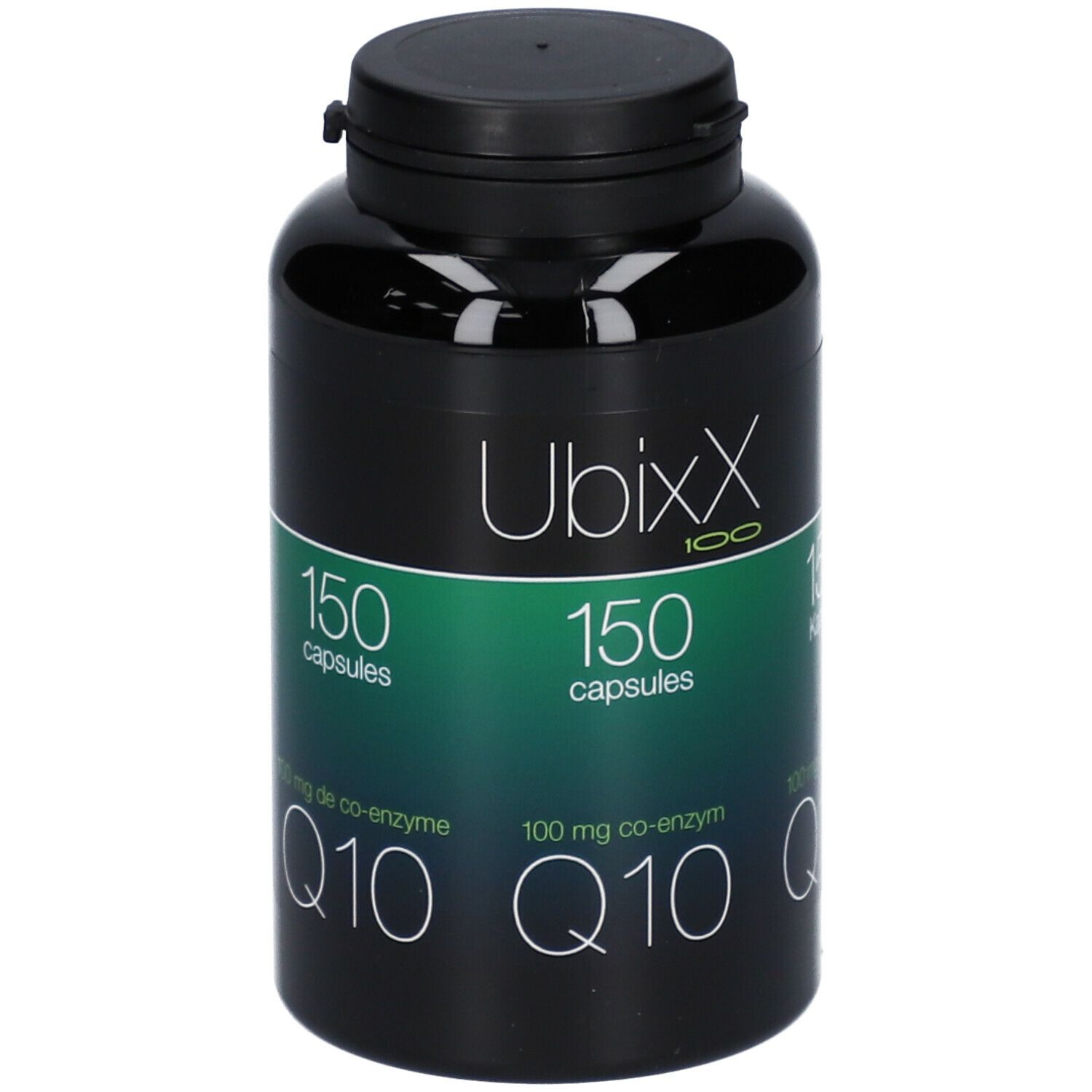 Flacon noir avec bouchon noir. Étiquette avec Ubixx 100, 150 capsules, Q10. Fond vert et blanc.