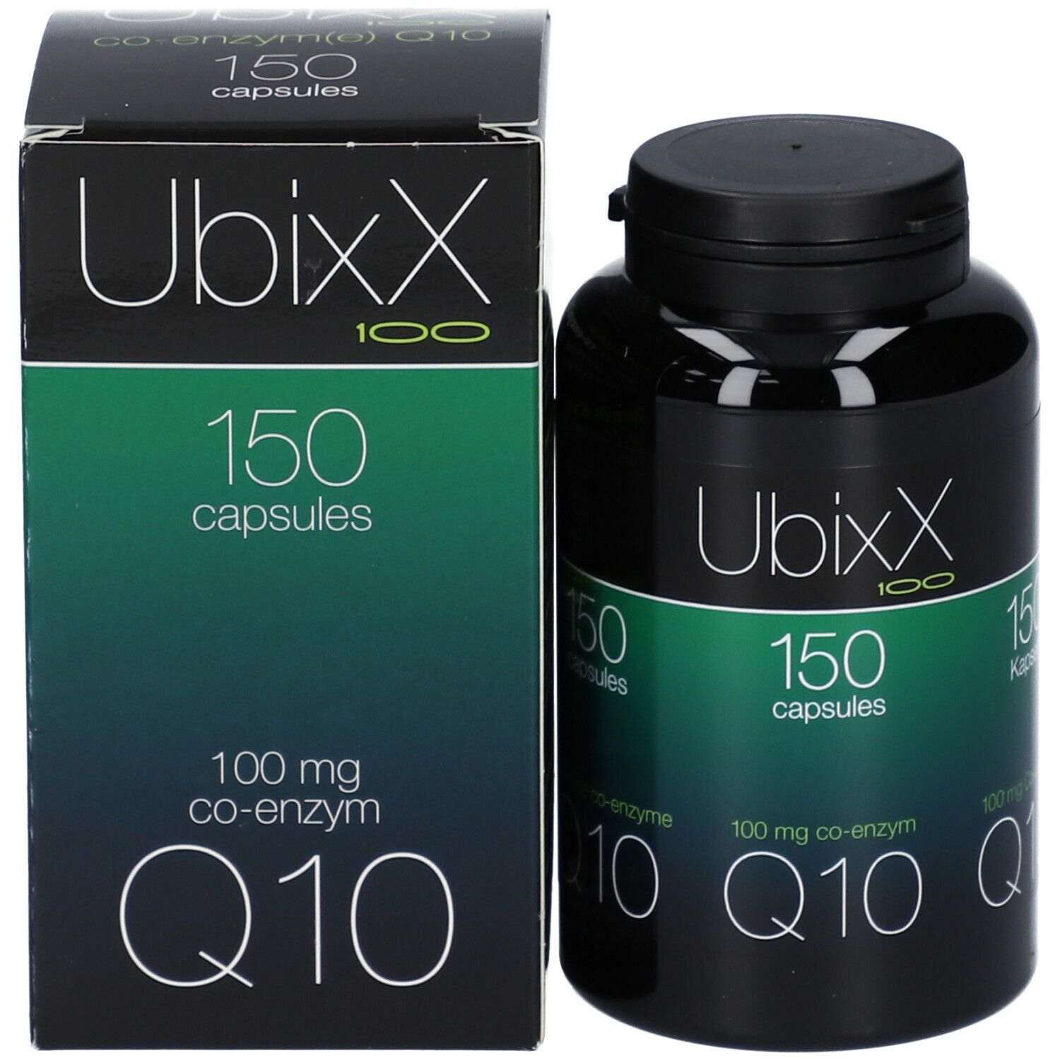 Emballage du produit avec flacon et boîte. Boîte avec Ubixx 100, 150 capsules, Q10. Fond vert et blanc.