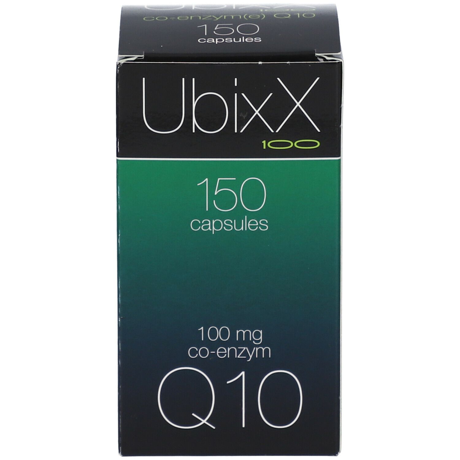 Emballage du produit avec boîte. Boîte avec Ubixx 100, 150 capsules, Q10. Fond vert et blanc.